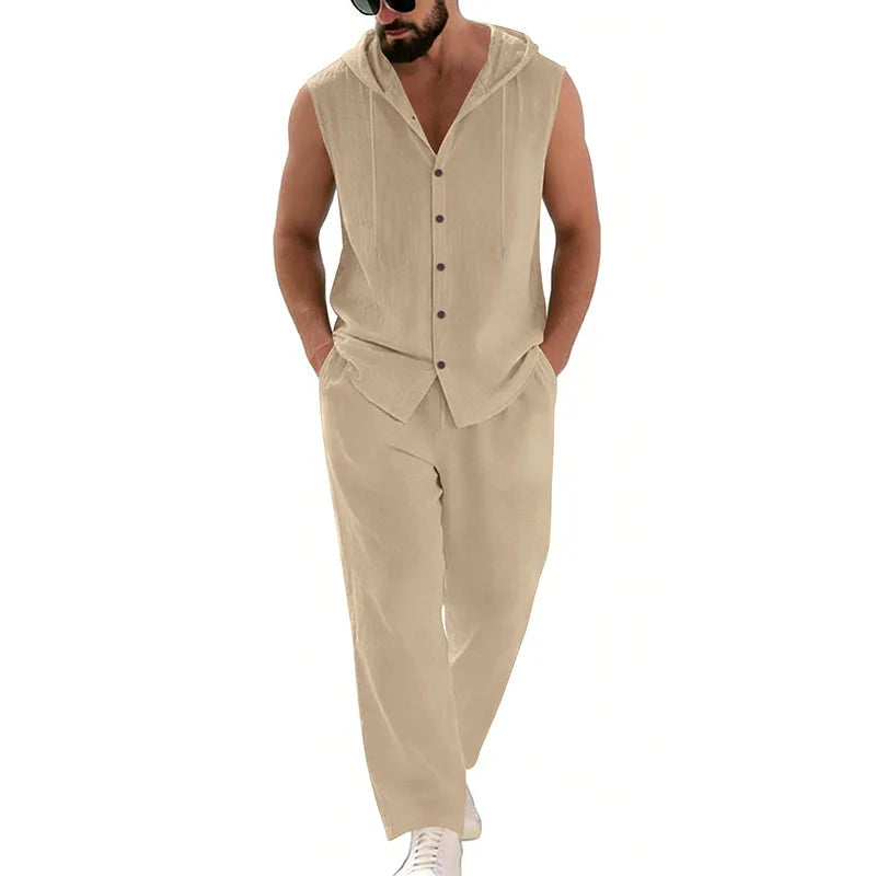 Men's Casual Linen Hooded Sweater & Pants Set