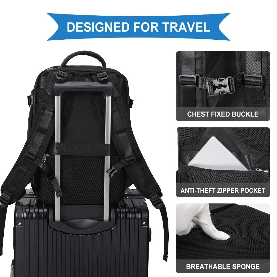 【New Arrival】Black Travel Backpack with USB Charging Port, Large Capacity Carry-On Luggage Bag for Men Women, Water-Resistant Laptop Backpack for Business Work Weekender Trip