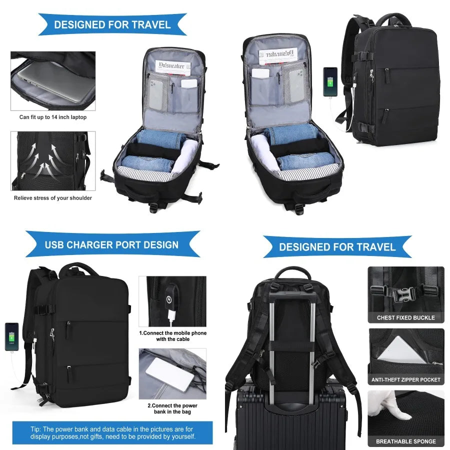 【New Arrival】Black Travel Backpack with USB Charging Port, Large Capacity Carry-On Luggage Bag for Men Women, Water-Resistant Laptop Backpack for Business Work Weekender Trip