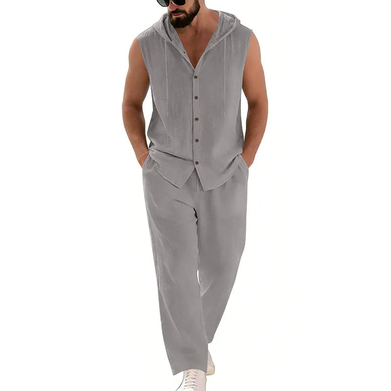 Men's Casual Linen Hooded Sweater & Pants Set