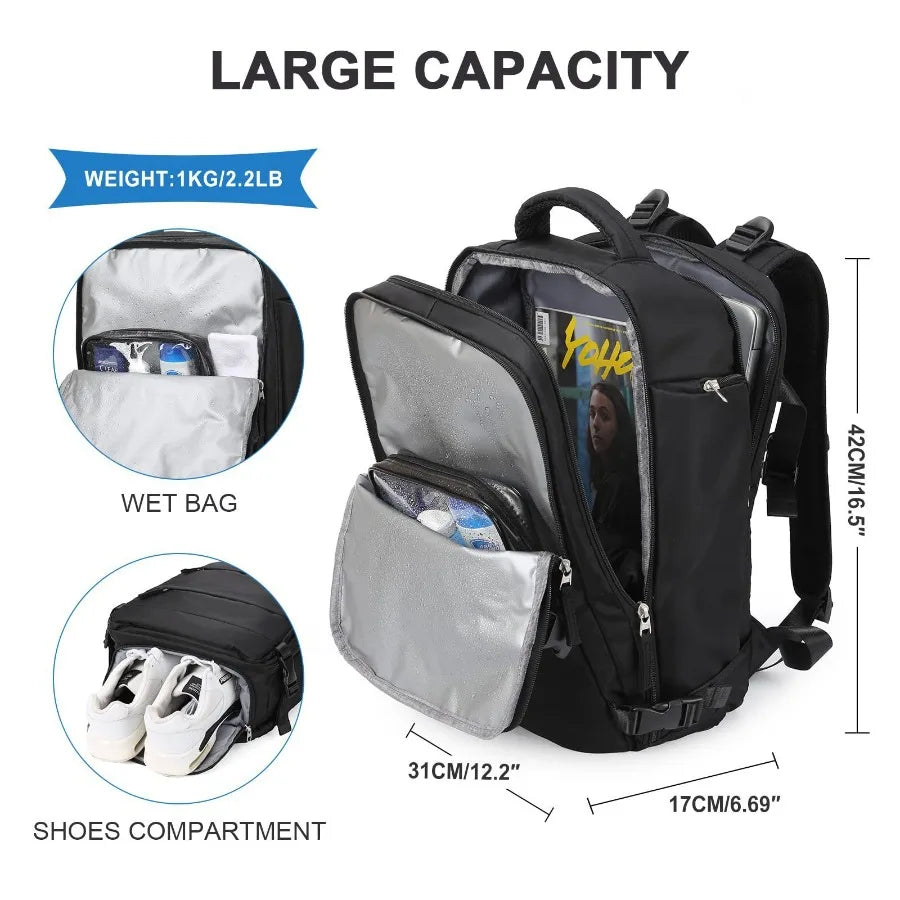 【New Arrival】Black Travel Backpack with USB Charging Port, Large Capacity Carry-On Luggage Bag for Men Women, Water-Resistant Laptop Backpack for Business Work Weekender Trip