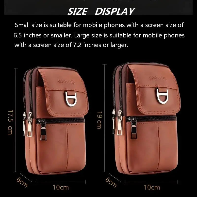 Men's leather waist bag - Large capacity mobile phone belt bag - Outdoor work backpack, sports hiking bag portable crossbody bag