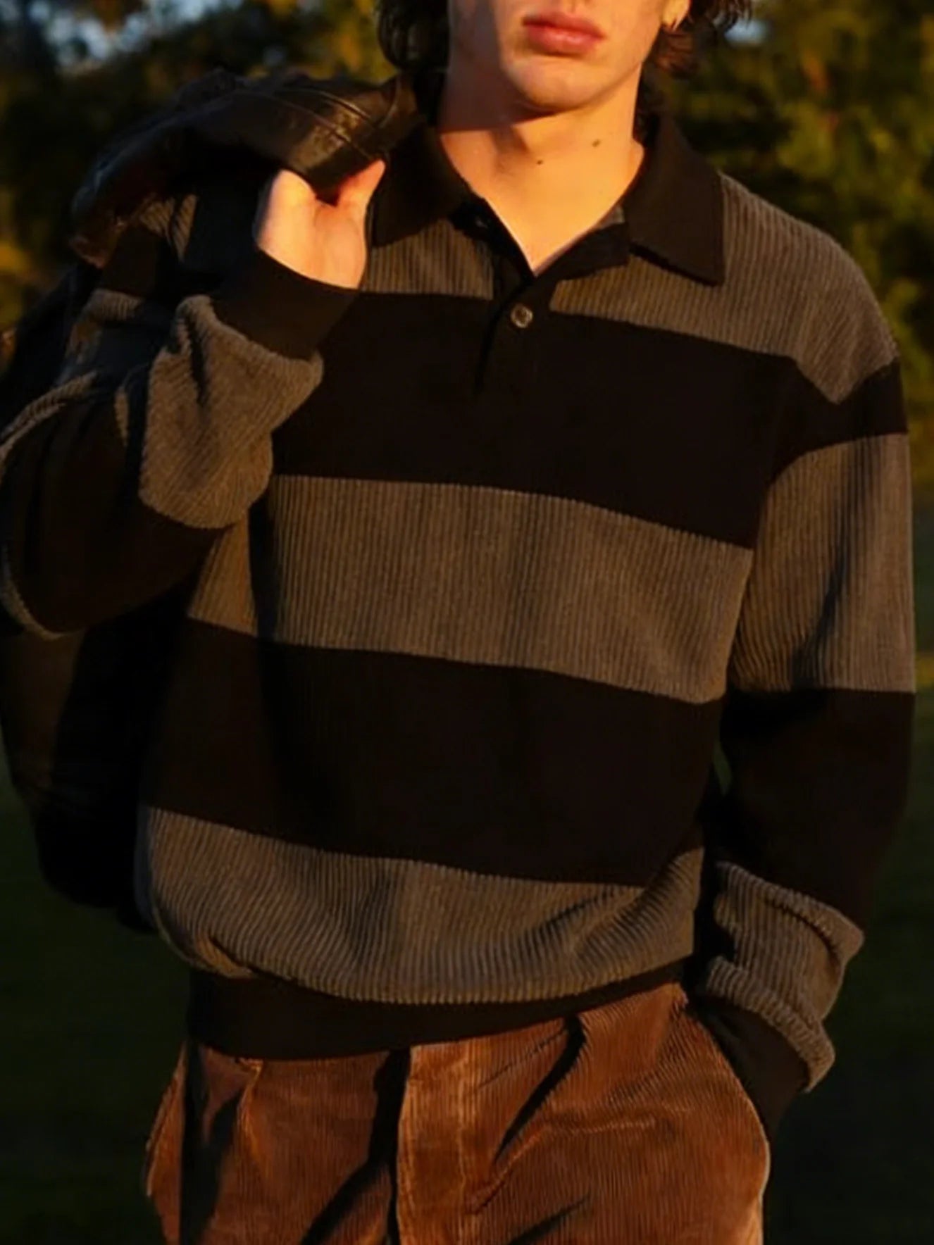 Men's Striped Corduroy Polo Sweatshirt – Retro Long Sleeve