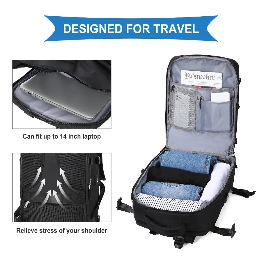 【New Arrival】Black Travel Backpack with USB Charging Port, Large Capacity Carry-On Luggage Bag for Men Women, Water-Resistant Laptop Backpack for Business Work Weekender Trip