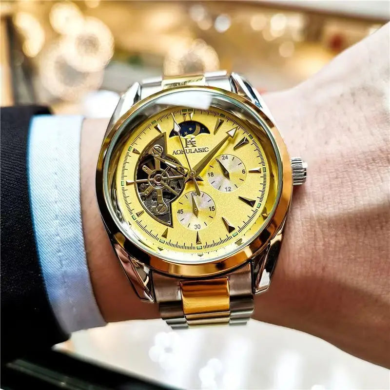 Aokulasic Men's Automatic Mechanical Watch, Semi-Hollow Sphere Design, High Aesthetic Appeal, Cool and Popular Watch for Men, Moon Phase Pointer, Party Fashion Watch, Daily Clothing Accessory, Stylish and Exquisite Watch, Birthday Gift