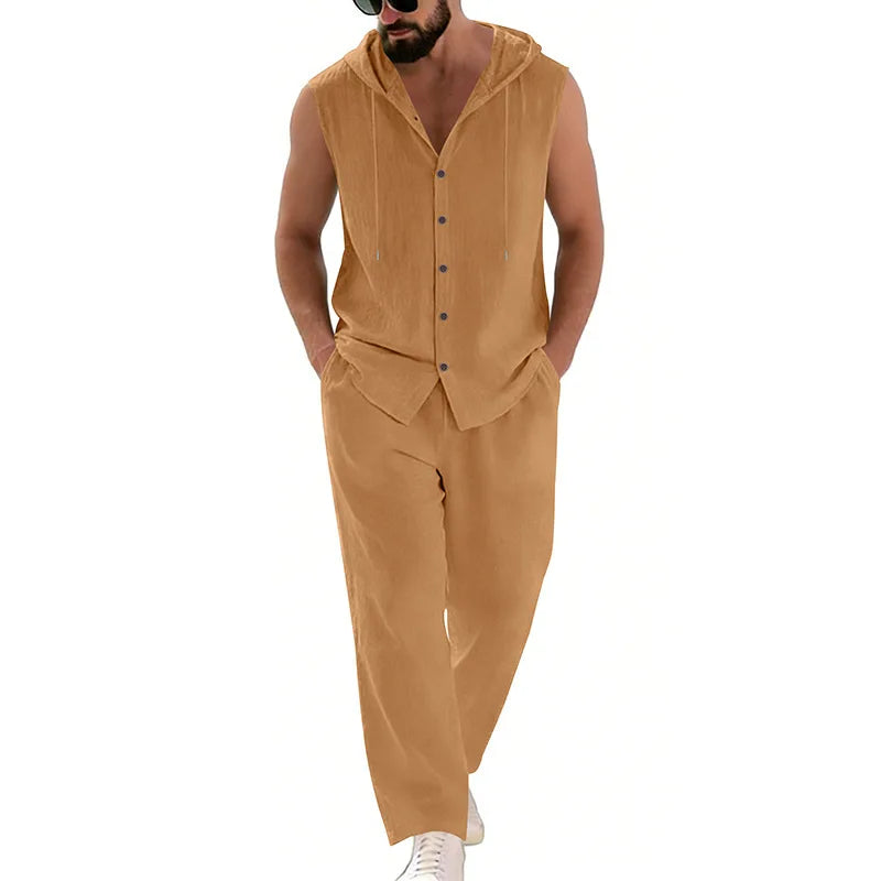 Men's Casual Linen Hooded Sweater & Pants Set