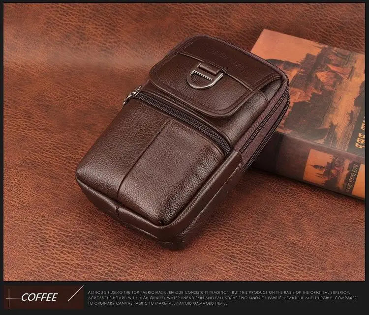Men's leather waist bag - Large capacity mobile phone belt bag - Outdoor work backpack, sports hiking bag portable crossbody bag