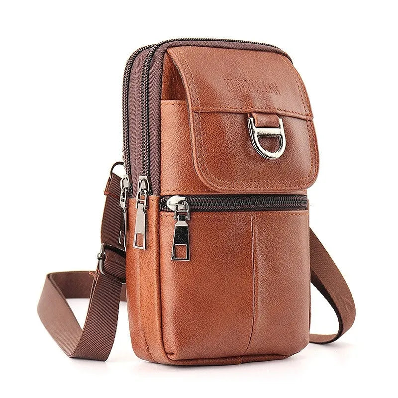 Men's leather waist bag - Large capacity mobile phone belt bag - Outdoor work backpack, sports hiking bag portable crossbody bag