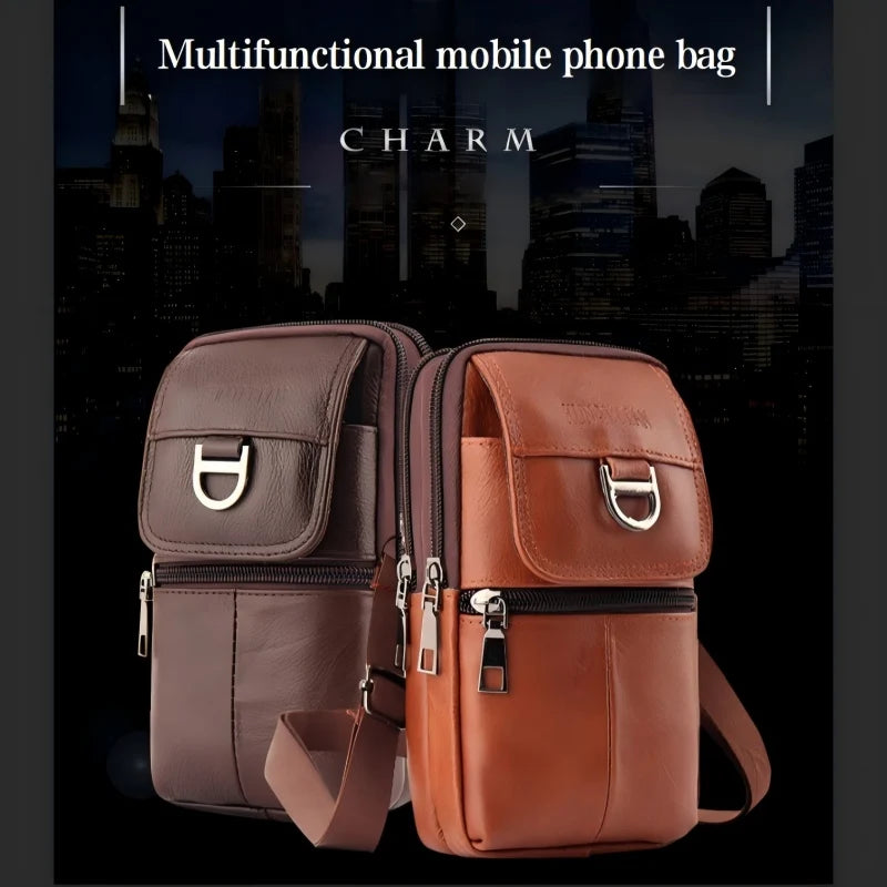 Men's leather waist bag - Large capacity mobile phone belt bag - Outdoor work backpack, sports hiking bag portable crossbody bag