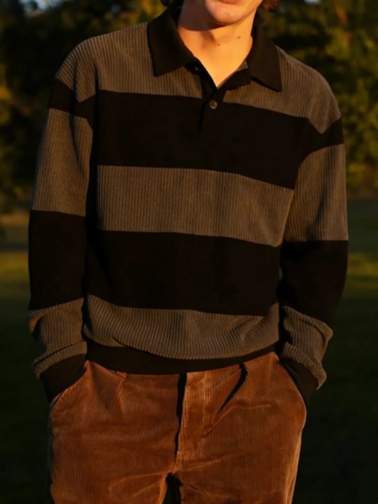 Black and gray striped corduroy Polo sweatshirt, loose retro contrasting long sleeved top, foreign trade men's clothing source