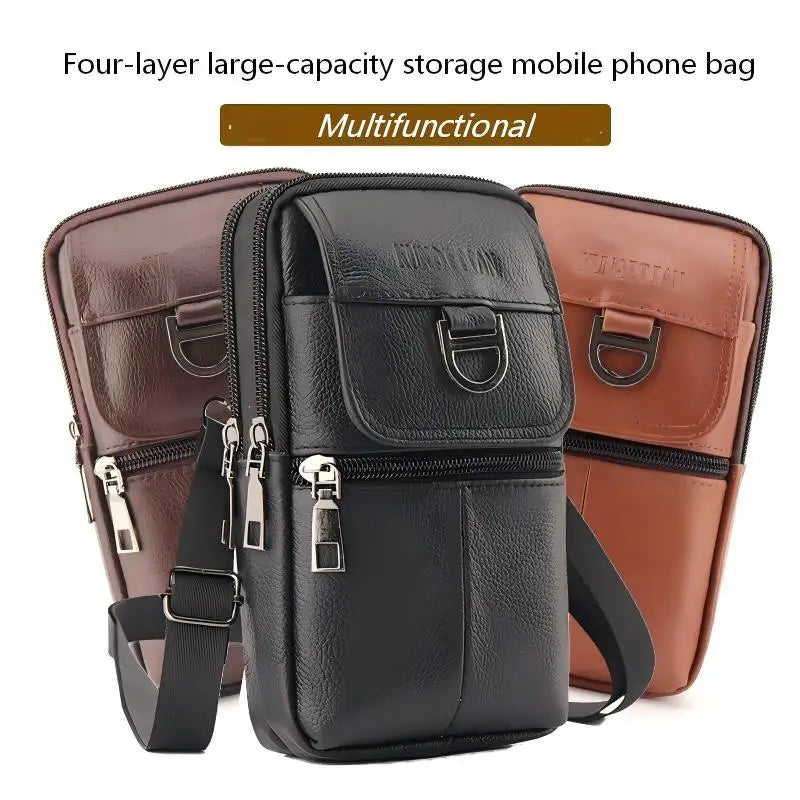 Men's leather waist bag - Large capacity mobile phone belt bag - Outdoor work backpack, sports hiking bag portable crossbody bag