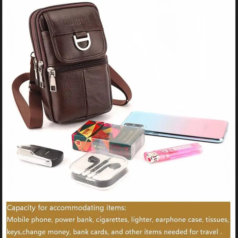 Men's leather waist bag - Large capacity mobile phone belt bag - Outdoor work backpack, sports hiking bag portable crossbody bag