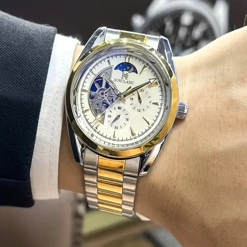 Aokulasic Men's Automatic Mechanical Watch, Semi-Hollow Sphere Design, High Aesthetic Appeal, Cool and Popular Watch for Men, Moon Phase Pointer, Party Fashion Watch, Daily Clothing Accessory, Stylish and Exquisite Watch, Birthday Gift