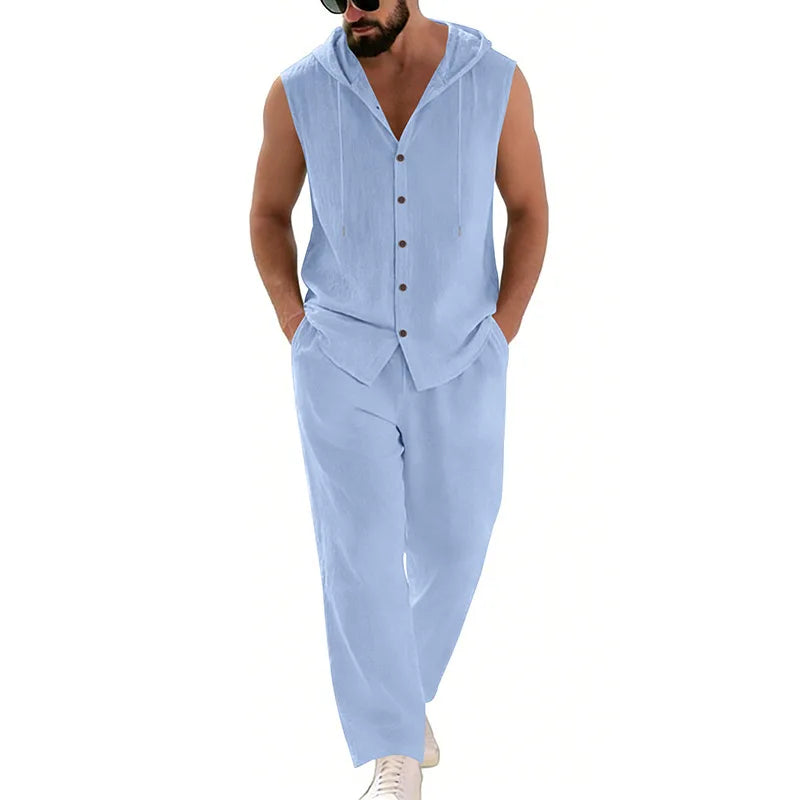 Men's Casual Linen Hooded Sweater & Pants Set