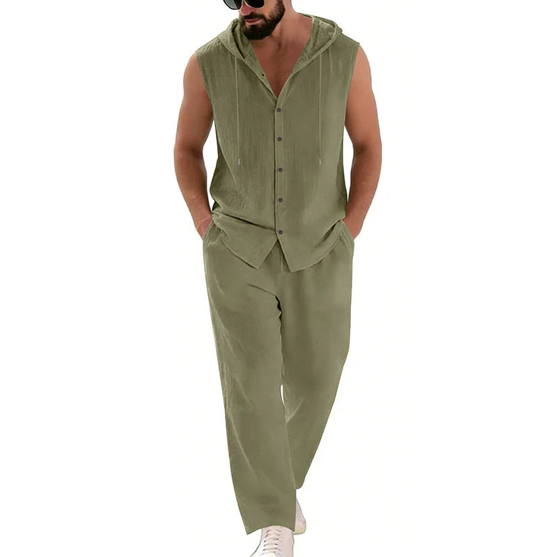 Men's Casual Linen Hooded Sweater & Pants Set