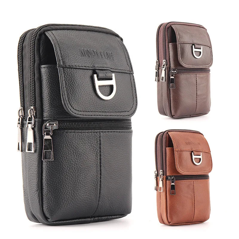 Men's leather waist bag - Large capacity mobile phone belt bag - Outdoor work backpack, sports hiking bag portable crossbody bag