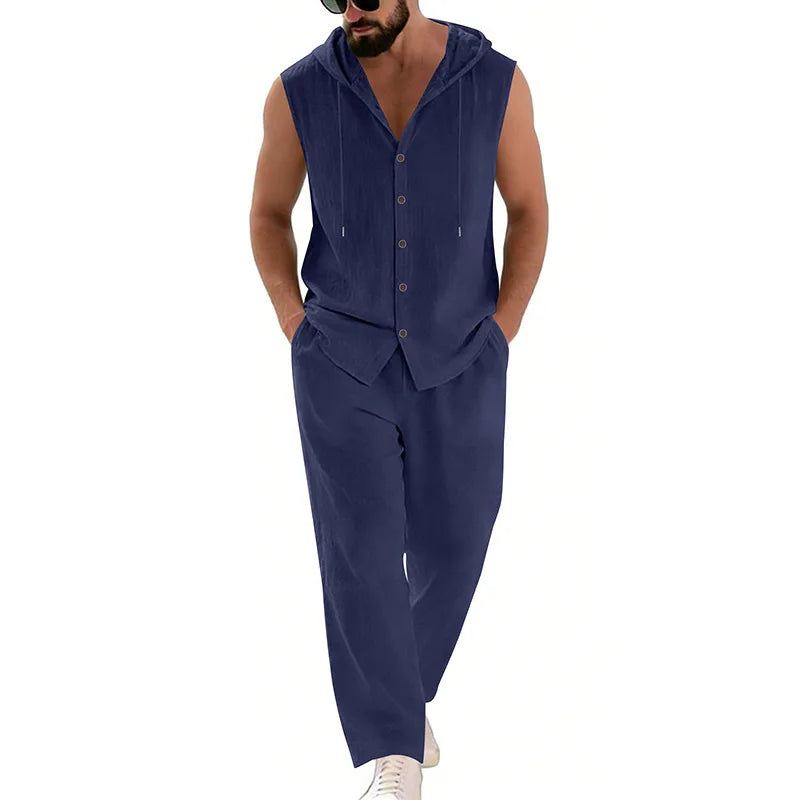 Men's Casual Linen Hooded Sweater & Pants Set