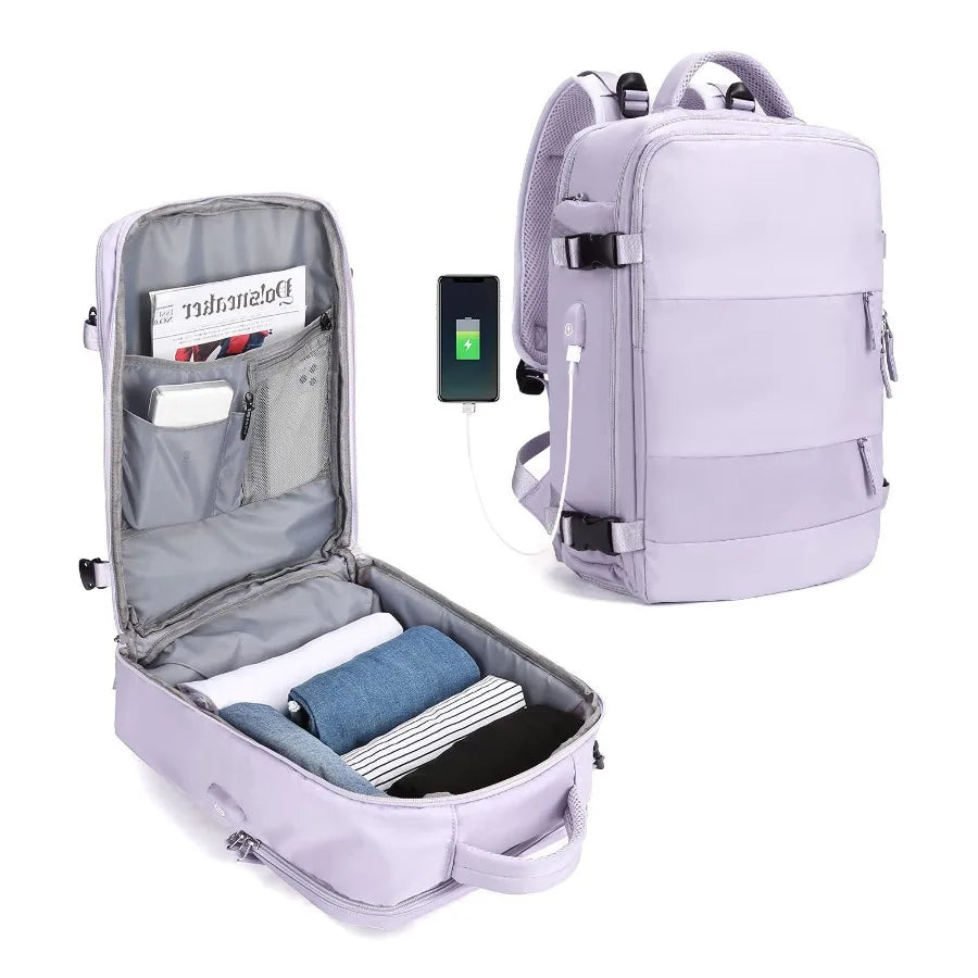 【New Arrival】Black Travel Backpack with USB Charging Port, Large Capacity Carry-On Luggage Bag for Men Women, Water-Resistant Laptop Backpack for Business Work Weekender Trip