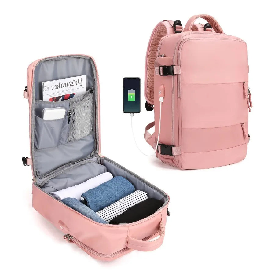 【New Arrival】Black Travel Backpack with USB Charging Port, Large Capacity Carry-On Luggage Bag for Men Women, Water-Resistant Laptop Backpack for Business Work Weekender Trip