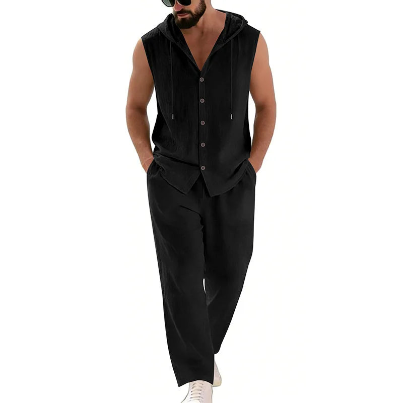 Men's Casual Linen Hooded Sweater & Pants Set