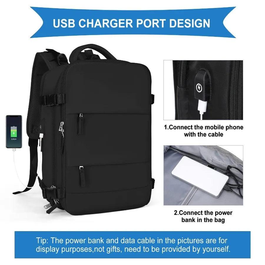 【New Arrival】Black Travel Backpack with USB Charging Port, Large Capacity Carry-On Luggage Bag for Men Women, Water-Resistant Laptop Backpack for Business Work Weekender Trip
