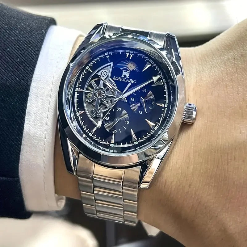 Aokulasic Men's Automatic Mechanical Watch, Semi-Hollow Sphere Design, High Aesthetic Appeal, Cool and Popular Watch for Men, Moon Phase Pointer, Party Fashion Watch, Daily Clothing Accessory, Stylish and Exquisite Watch, Birthday Gift