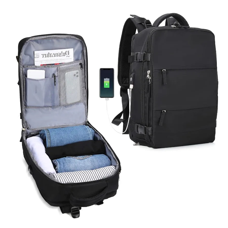【New Arrival】Black Travel Backpack with USB Charging Port, Large Capacity Carry-On Luggage Bag for Men Women, Water-Resistant Laptop Backpack for Business Work Weekender Trip