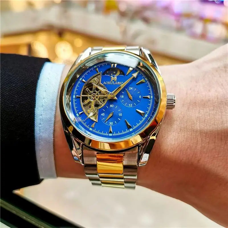 Aokulasic Men's Automatic Mechanical Watch, Semi-Hollow Sphere Design, High Aesthetic Appeal, Cool and Popular Watch for Men, Moon Phase Pointer, Party Fashion Watch, Daily Clothing Accessory, Stylish and Exquisite Watch, Birthday Gift